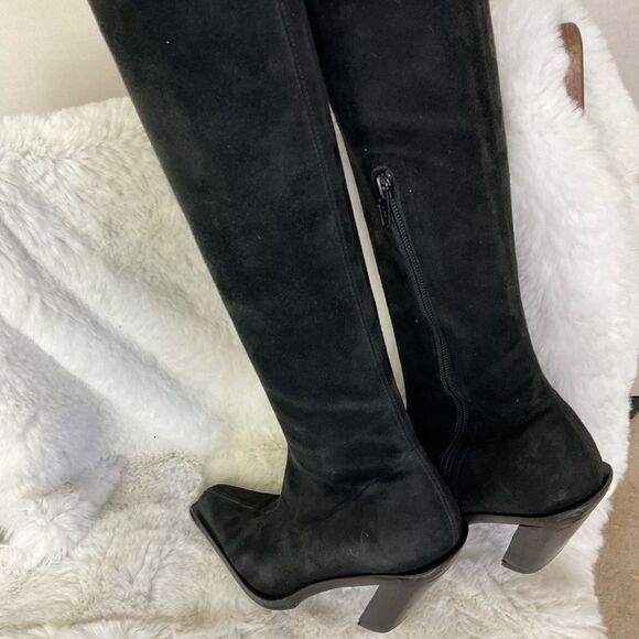 Ann Demeulemeester Suede Leather Square Toe Block Heel Knee High Boots Black 35 - Picture 8 of 15
